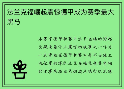 法兰克福崛起震惊德甲成为赛季最大黑马