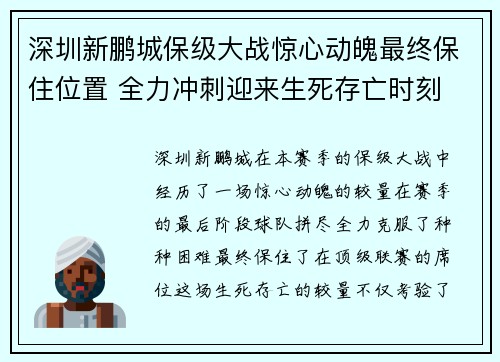 深圳新鹏城保级大战惊心动魄最终保住位置 全力冲刺迎来生死存亡时刻